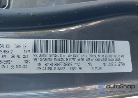 2015 Dodge Journey Sxt z USA, uszkodzony, nr VIN 3C4PDDBGXFT596816